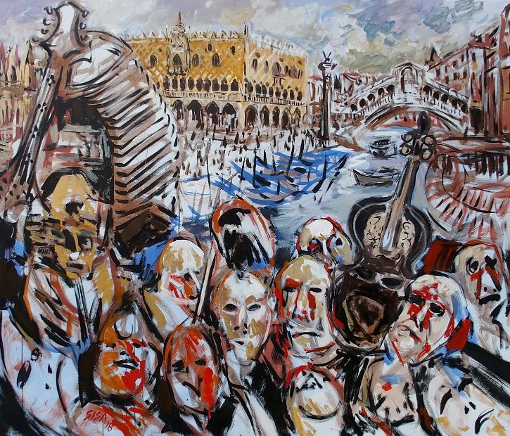 VENEZIANISCHES GETÜMMEL, Öl auf Baumwolle, 110 x 130 cm
